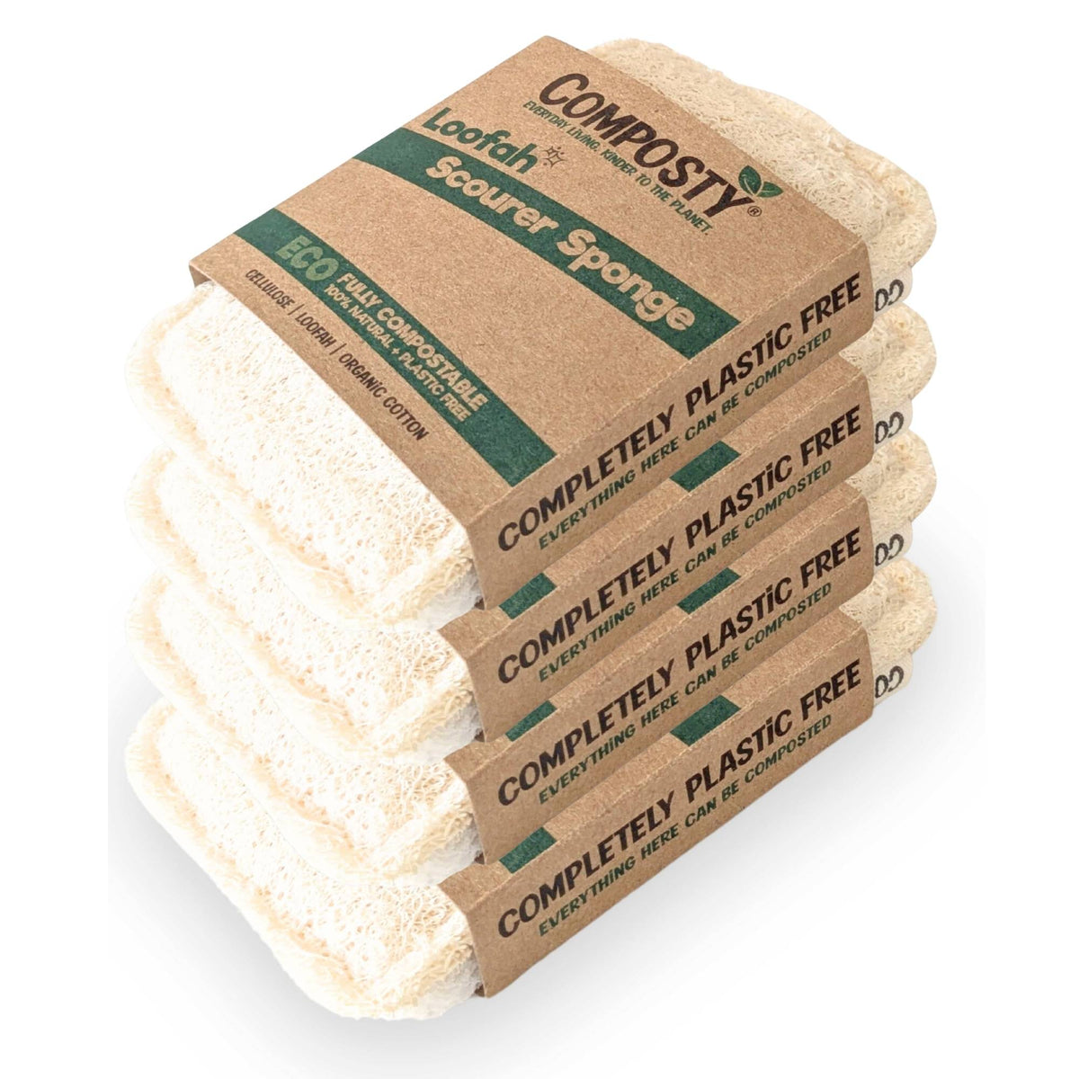 Stack of Composty loofah scourer sponges with cardboard packaging on a white background