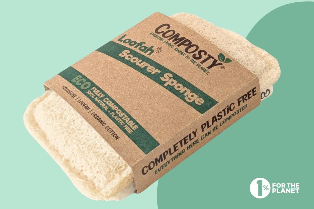 Composty Loofah Scourer Sponge packaging—eco kitchen sponge, compostable and plastic-free.
