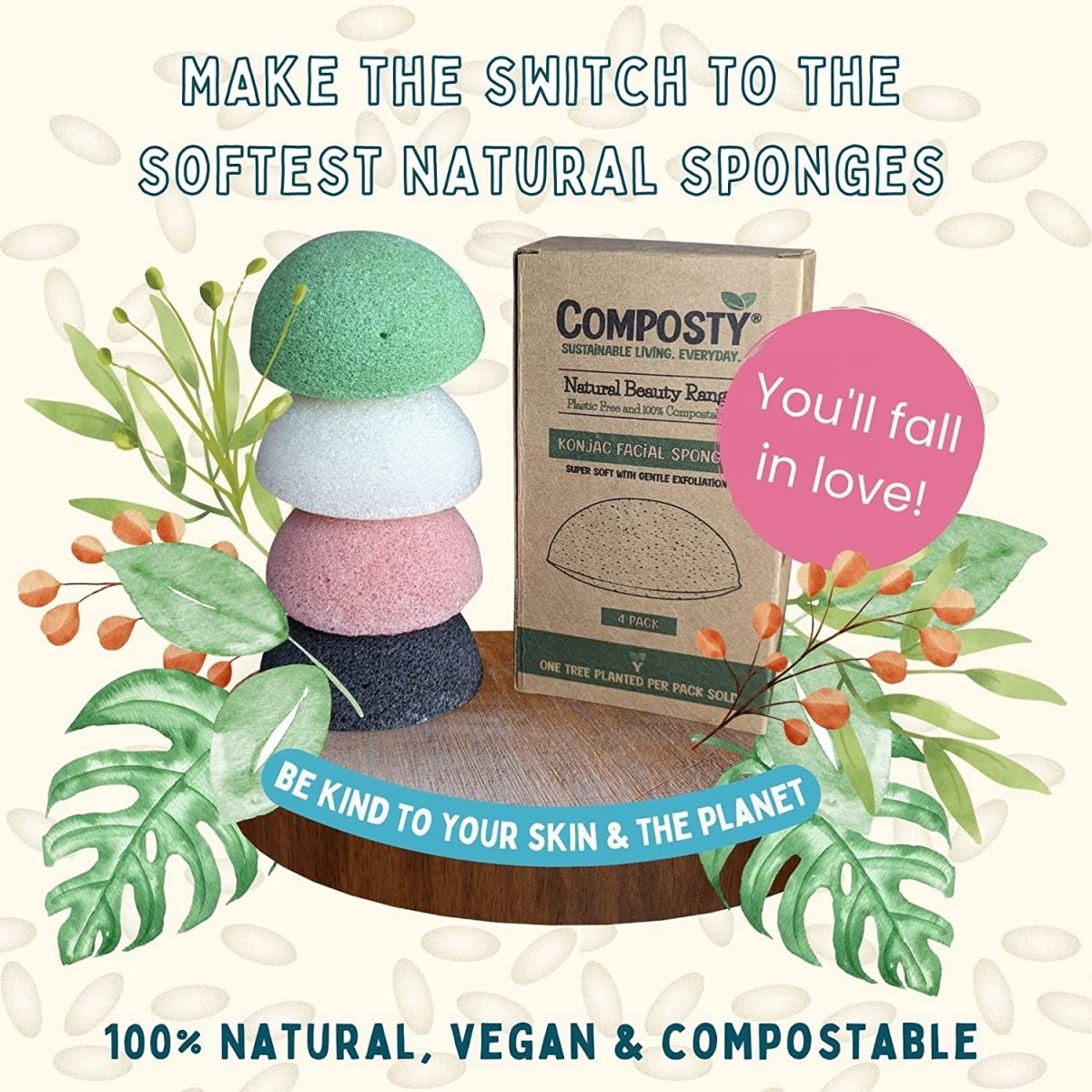 Composty® | Super Soft Konjac Facial Sponges | 4 Pack | Cleansing & Gentle Exfoliating - Composty