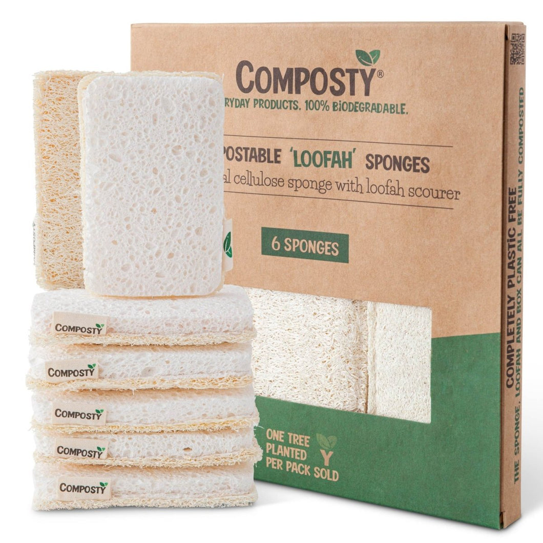 Composty® | All-in-One Loofah Scourer Sponges | 6 Pack | Compostable - Composty